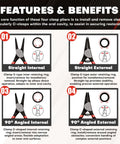 Diagram showing features of 4 Piece Snap Ring Pliers Kit 7 Inch Internal And External Circlip Pliers Set with straight and bent jaw.