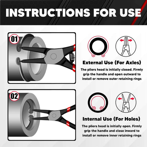 Instructions for using 4 Piece Snap Ring Pliers Kit 7 Inch Internal And External Circlip Pliers Set with diagrams for axles and holes.