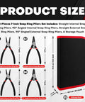 Product size guide for 4 Piece Snap Ring Pliers Kit 7 Inch Internal And External Circlip Pliers Set with straight and bent jaw, storage pouch.
