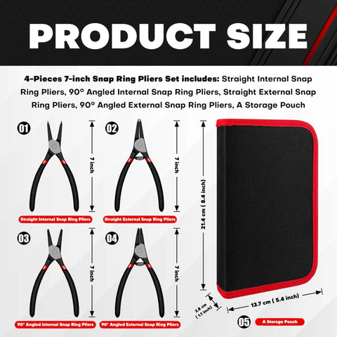 Product size guide for 4 Piece Snap Ring Pliers Kit 7 Inch Internal And External Circlip Pliers Set with straight and bent jaw, storage pouch.
