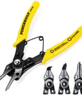 All In One Snap Ring Pliers Set With Five Interchangeable Jaws, yellow grips, for internal and external rings at various angles.