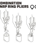 Illustration of All In One Snap Ring Pliers Set With Five Interchangeable Jaws showing installation and removal of snap rings.