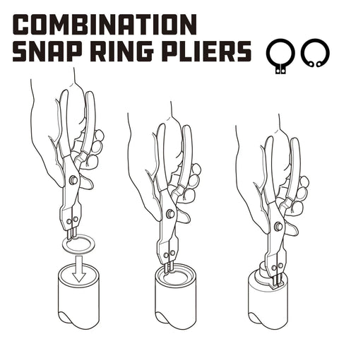 Illustration of All In One Snap Ring Pliers Set With Five Interchangeable Jaws showing installation and removal of snap rings.