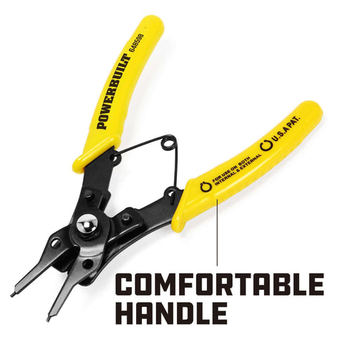 All In One Snap Ring Pliers Set With Five Interchangeable Jaws and Comfortable Vinyl Coated Grips, shown with yellow handles.