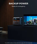 Portable Power Station with 1440Wh LiFePO4 battery next to fish tank, ideal for camping, off-grid living, power outages.