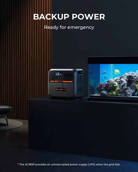 Portable Power Station with 1440Wh LiFePO4 battery next to fish tank, ideal for camping, off-grid living, power outages.