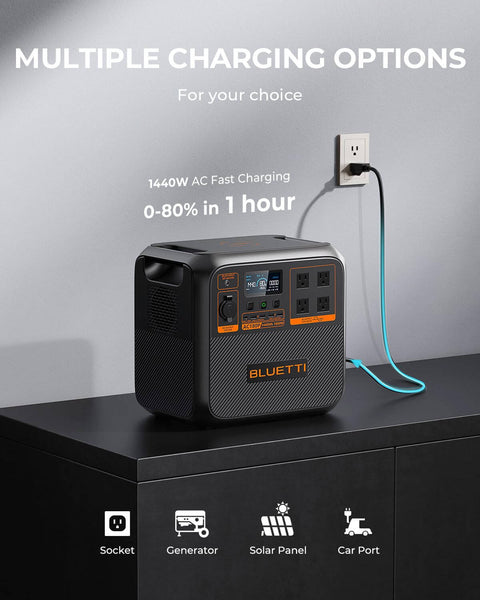 Portable Power Station With 1440Wh LiFePO4 Battery, 1800W Continuous Output, charging via AC outlet, fast charge to 80 percent
