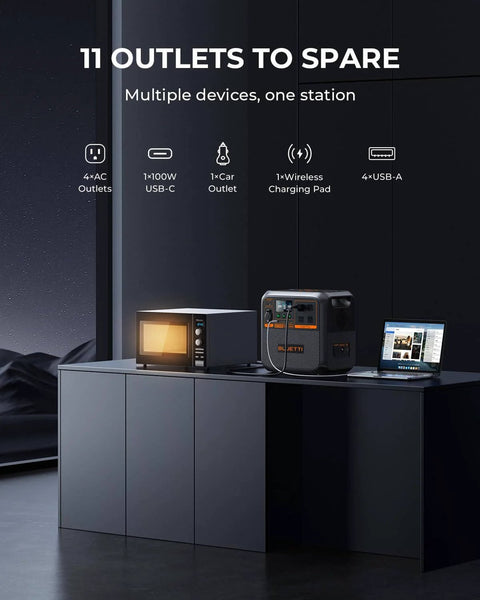 Portable Power Station With 1440Wh LiFePO4 Battery placed next to microwave and laptop