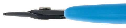 Side view of Split Ring Pliers 496 with Curved Catch Tip, blue handle, ergonomic lightweight design, non-slip Xuro rubber grips.