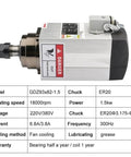 Square Air Cooled CNC Spindle Motor With ER20 Chuck, 1.5 KW 220V Four Bearing Milling Spindle, side view with specifications chart