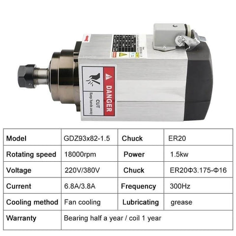 Square Air Cooled CNC Spindle Motor With ER20 Chuck, 1.5 KW 220V Four Bearing Milling Spindle, side view with specifications chart