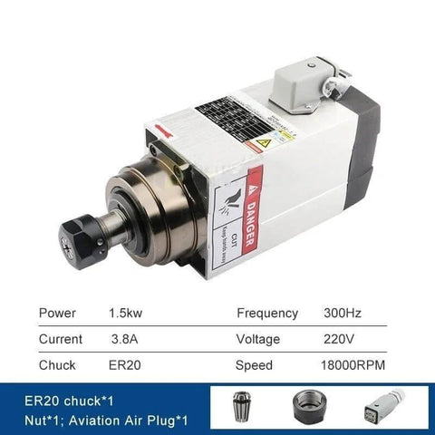Square Air Cooled CNC Spindle Motor With ER20 Chuck, 1.5 KW 220V Four Bearing Milling Spindle For Wood Router, visible specs
