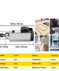 Square Air Cooled Spindle Motor 220V 2.2KW for engraving and milling with ER20 collets, showing dimensions and specifications.