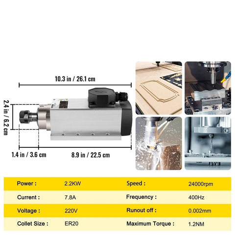 Square Air Cooled Spindle Motor 220V 2.2KW for engraving and milling with ER20 collets, showing dimensions and specifications.