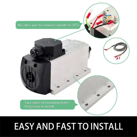 Square Air Cooled CNC Spindle Motor 110V 2.2KW 24000RPM ER20 Collet 6mm With Four Bearings, wiring and mounting features