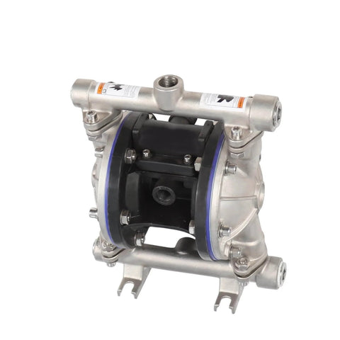 Stainless Steel Pneumatic Double Diaphragm Pump Built For Tough Jobs with 8.8 GPM Flow, 120 PSI Max, Half Inch Inlet And Outlet, PTFE Seals, 304 SS