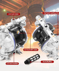 Stainless Steel Pneumatic Double Diaphragm Pump Built For Tough Jobs With 8.8 GPM Flow, 120 PSI Max, Half Inch Inlet And Outlet, PTFE Seals