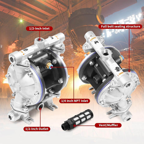 Stainless Steel Pneumatic Double Diaphragm Pump Built For Tough Jobs With 8.8 GPM Flow, 120 PSI Max, Half Inch Inlet And Outlet, PTFE Seals