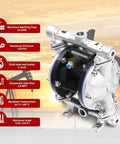 Stainless Steel Pneumatic Double Diaphragm Pump Built For Tough Jobs With 8.8 GPM Flow, 120 PSI Max, Half Inch Inlet And Outlet, PTFE Seals
