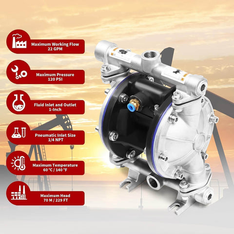 Stainless Steel Pneumatic Double Diaphragm Pump Built For Tough Jobs With 8.8 GPM Flow, 120 PSI Max, Half Inch Inlet And Outlet, PTFE Seals