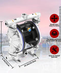 Stainless Steel Pneumatic Double Diaphragm Pump Built For Tough Jobs With 8.8 GPM Flow, 120 PSI Max, Half Inch Inlet And Outlet, PTFE Seals
