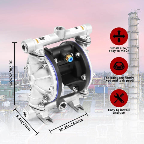 Stainless Steel Pneumatic Double Diaphragm Pump Built For Tough Jobs With 8.8 GPM Flow, 120 PSI Max, Half Inch Inlet And Outlet, PTFE Seals