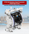 Stainless Steel Pneumatic Double Diaphragm Pump Built For Tough Jobs With 8.8 GPM Flow, 120 PSI Max, Half Inch Inlet And Outlet, PTFE Seals