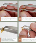 Using split ring tweezers for jewelry making and beading, stainless steel, 4.75 inch curved precision tip showing process to open split rings.