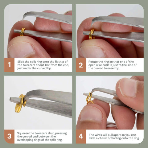 Using split ring tweezers for jewelry making and beading, stainless steel, 4.75 inch curved precision tip showing process to open split rings.