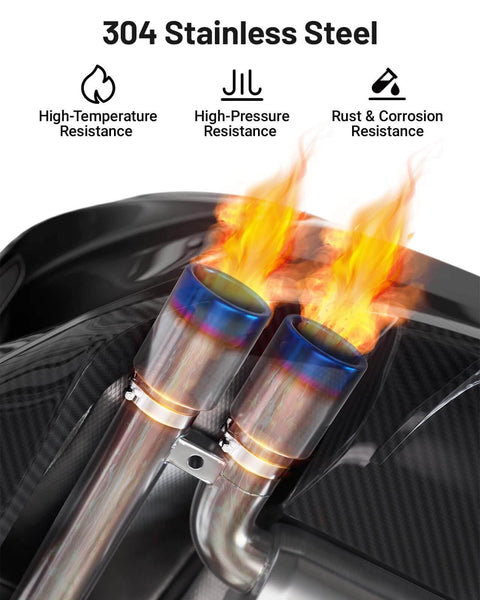 304 stainless steel exhaust pipes with flames showcasing high-temperature, high-pressure, rust resistance features.