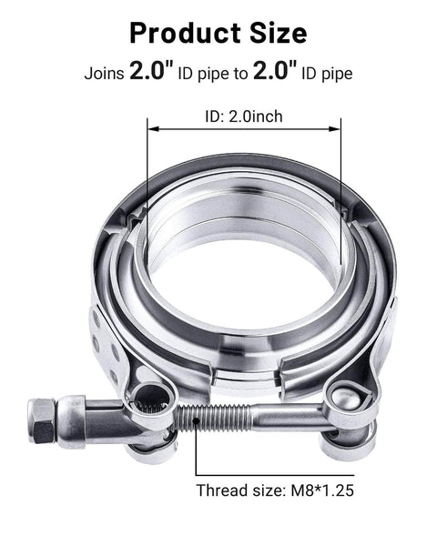2.0 Inch V Band Clamp With Flange Stainless Steel For Easy Install And Removal, showing M8x1.25 T bolt and 2.0 inch ID to OD pipe