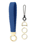 Royal blue stretchy keychain wristlet with 2 key rings and D ring, featuring a braided lanyard design for unisex use and easy pocket stowage.