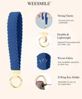 Royal blue stretchy keychain wristlet with 2 key rings and D-ring for car keys, showing strong elastic and woven fabric details.