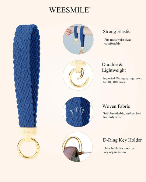 Royal blue stretchy keychain wristlet with 2 key rings and D-ring for car keys, showing strong elastic and woven fabric details.