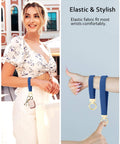 Woman wearing stretchy keychain wristlet for car keys with 2 key rings and D ring, showing comfortable braided lanyard in royal blue.