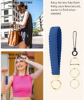 Royal Blue Stretchy Keychain Wristlet with 2 Rings and D Ring, shown in use and close-up, ideal for easy car key access