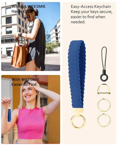 Royal Blue Stretchy Keychain Wristlet with 2 Rings and D Ring, shown in use and close-up, ideal for easy car key access