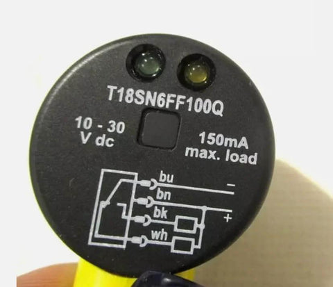 Close-up of T18SN6FF100Q photoelectric switch original replacement sensor for industrial automation showing technical specifications
