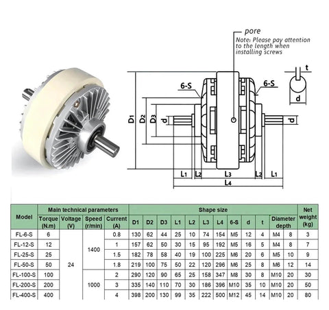 Diagram and specifications of Beefy Magnetic Powder Clutch And Brake Kit for Textile Machines DC24V with torque range 6 to 400 Nm
