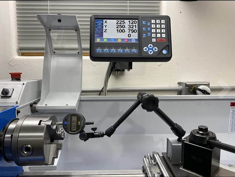 Three Axis DRO RPM LCD Digital Readout With 7 Inch Screen installed on a lathe, showing position data for milling and drilling.