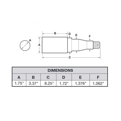 Technical diagram of trailer bearing repair kit for 1-3/8 inch to 1-1/16 inch tapered spindles with dimensions table.
