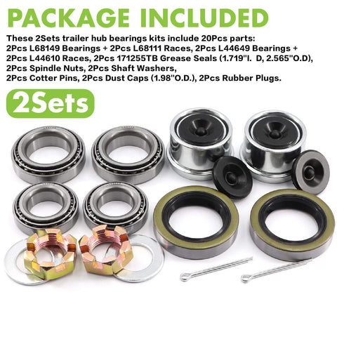 Trailer Bearing Kit For 84 Spindle And 3500 Lb Axles, Complete Hub Kit, 2 Sets With 1.98 Inch Dust Covers, Grease Seals, Spindle Nuts