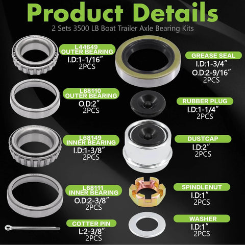Trailer Bearing Kit For 84 Spindle And 3500 Lb Axles, Complete Hub Kit, features 1.98 inch dust covers, grease seals, spindle nuts.
