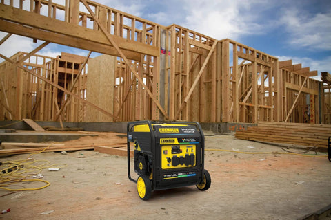 9000 Watt Tri Fuel Portable Open Frame Inverter Generator on construction site with electric start and quiet technology