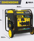 9000 Watt Tri Fuel Portable Open Frame Inverter Generator With Electric Start And Quiet Technology, showing dimensions