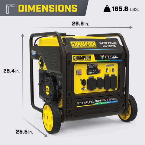 9000 Watt Tri Fuel Portable Open Frame Inverter Generator With Electric Start And Quiet Technology, showing dimensions