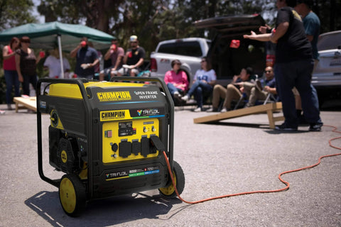 Outdoor view of 9000 Watt Tri Fuel Portable Open Frame Inverter Generator with electric start, CO Shield, and wheels for easy transport.
