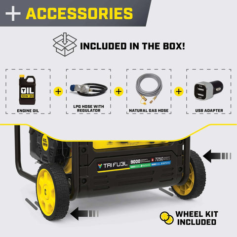 Accessories for 9000 Watt Tri Fuel Portable Open Frame Inverter Generator with electric start and quiet technology