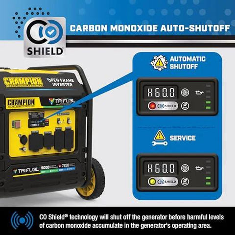 9000 Watt Tri Fuel Portable Open Frame Inverter Generator with Electric Start and CO Shield for safety and home backup power