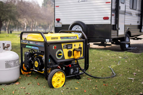 Tri Fuel 5000 Watt Electric Start Portable Generator RV Ready With CO Shield next to propane tank outdoors